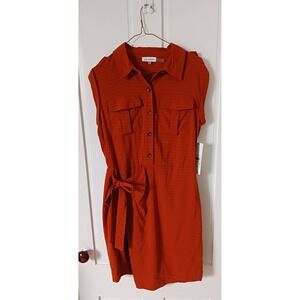 Calvin Klein Autumn Fall Orange Button Up Sleeveless Side Tie Stretch Minidress